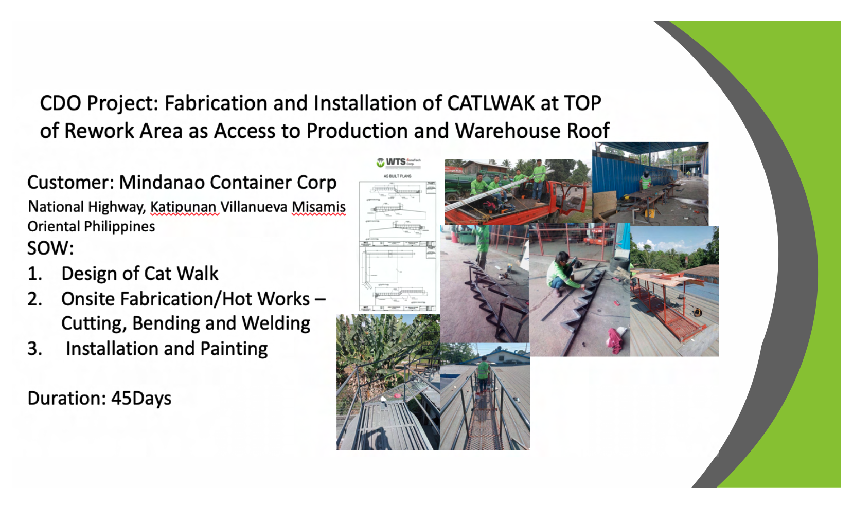 Fabrication and Installation of CATLWAK at TOP of Rework Area as Access to Production and Warehouse Roof